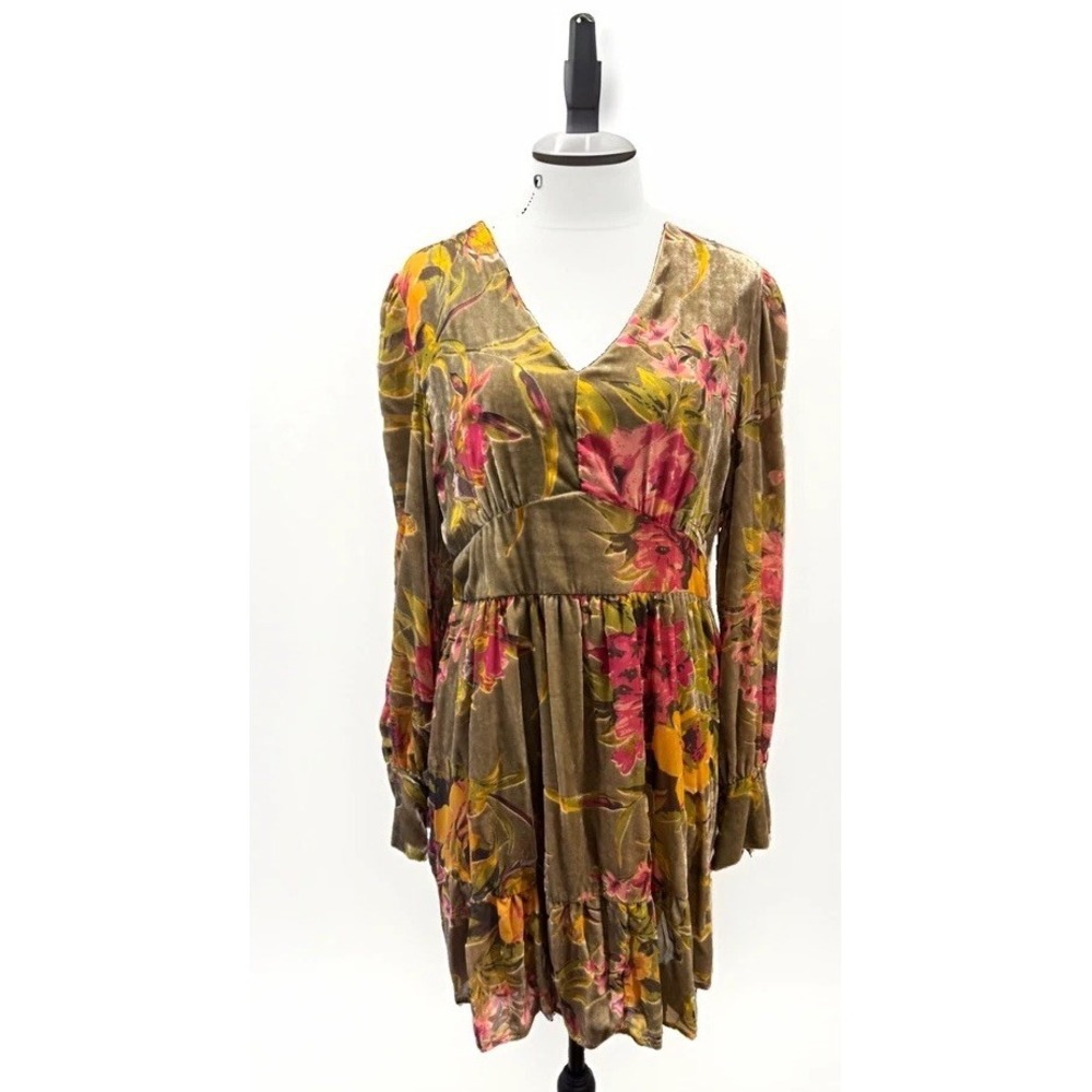Fate Renaissance Floral A-Line Dress Olive Pink Yellow V-Neck Long Sleeve M